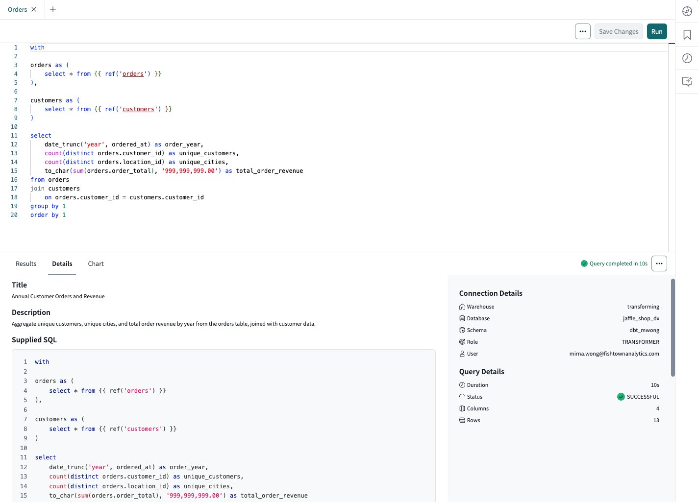 dbt Insights Details tab dbt Insights Details tab