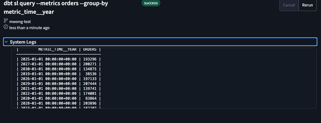 Validate the metrics and time spine output in dbt Cloud IDE Validate the metrics and time spine output in dbt Cloud IDE
